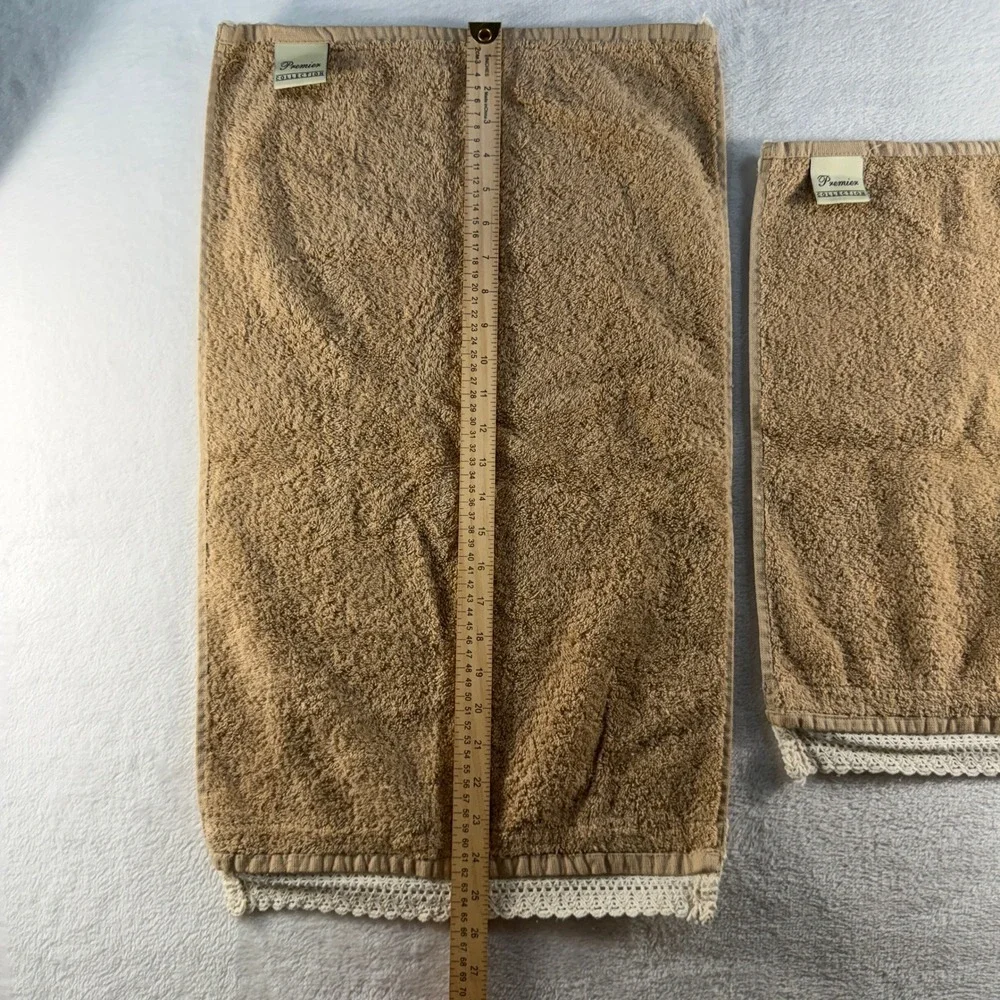Premier Collection 3pc Towel Set Tan Cotton Crochet Lace Trim Made in Turkey